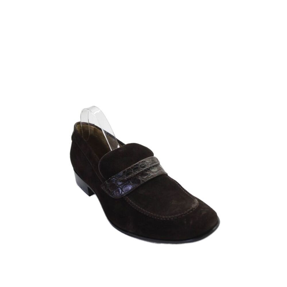 Tardini Mens Suede Alligator Skin Trim Slip On Loafer Dress Shoes Brown Size 11